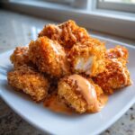 Close-up of crispy, golden-brown Bang Bang Chicken pieces drizzled generously with a creamy orange sauce.