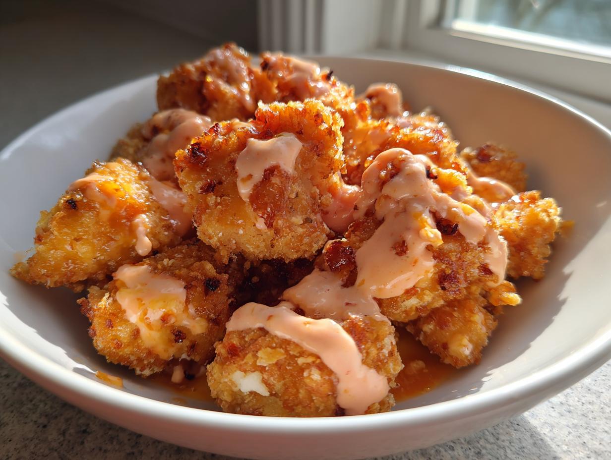 Close-up of crispy, golden brown Bang Bang Chicken pieces drizzled generously with a creamy, orange-hued sauce in a white bowl.