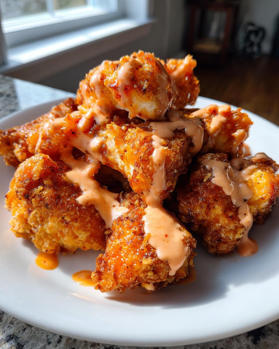 A pile of crispy, golden-brown Bang Bang Chicken pieces generously drizzled with a creamy orange sauce.