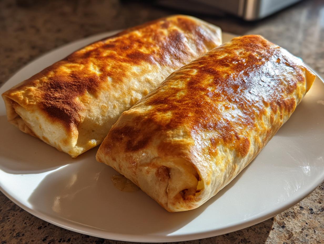 Two golden-brown, crispy chimichangas resting on a white plate, showcasing their perfectly seared tortilla exterior.