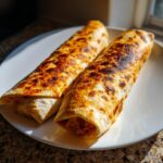 Two golden-brown, crispy Chimichangas resting on a white plate, showing charred spots from frying or baking.