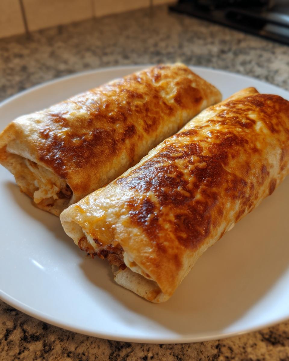 Two golden-brown, crispy chimichangas served side-by-side on a white plate.