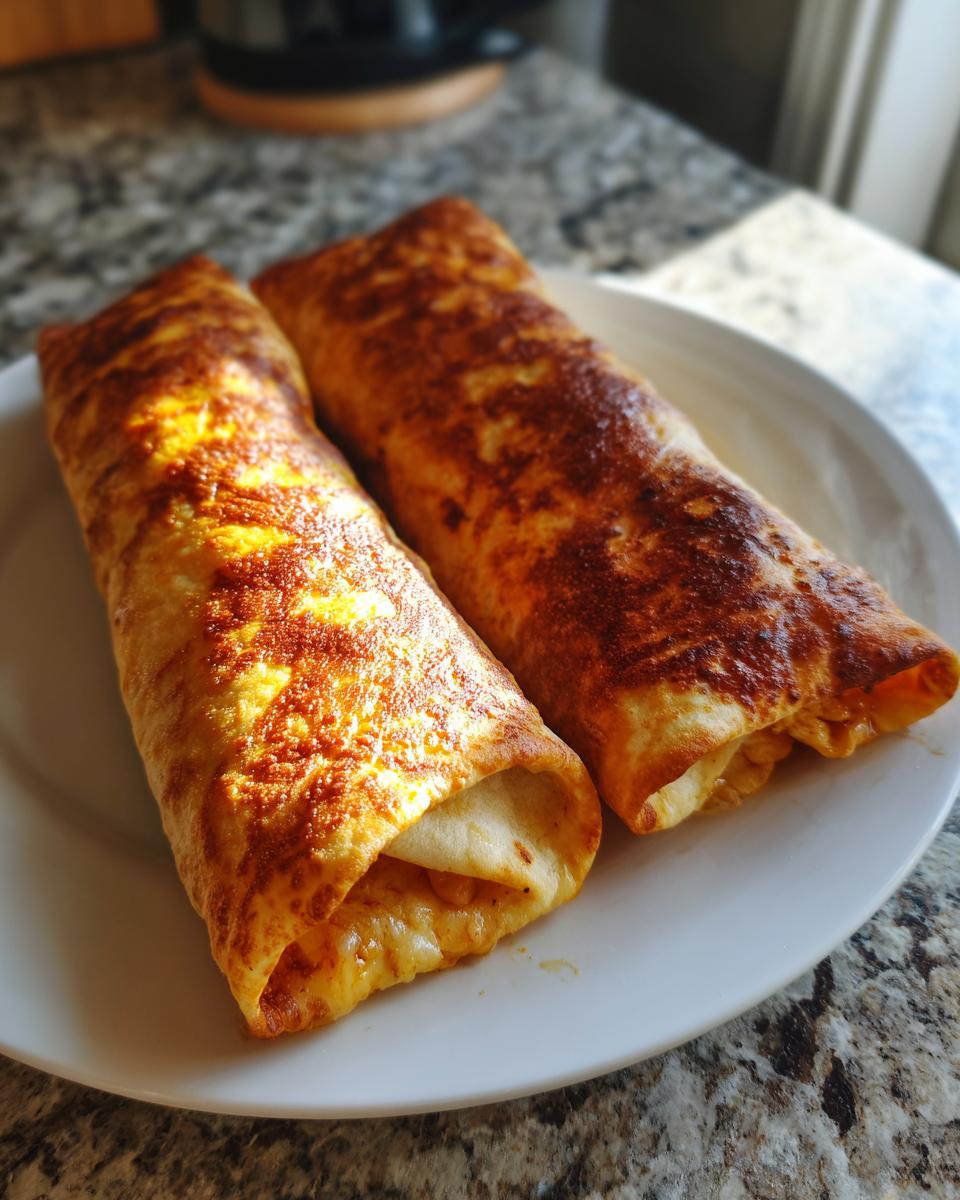 Two golden-brown, crispy Chimichangas resting on a white plate, showing a hint of filling inside.