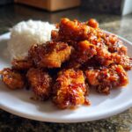 Close-up of crispy, glazed orange chicken recipe served next to a mound of white rice on a white plate.
