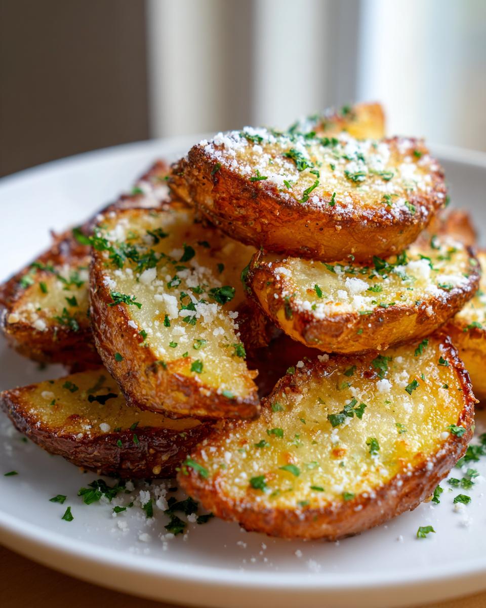A close-up of crispy, golden brown potato wedges topped with grated Parmesan cheese and fresh parsley.