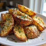 A pile of golden, crispy potato wedges topped with grated Parmesan cheese and fresh parsley.