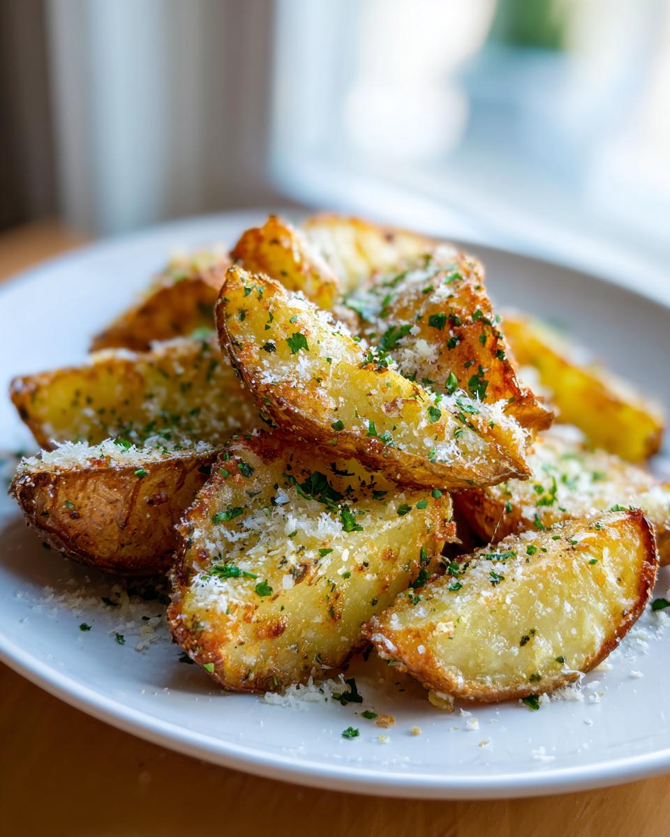 Close-up of golden brown, crispy potato wedges topped with grated Parmesan cheese and fresh parsley.