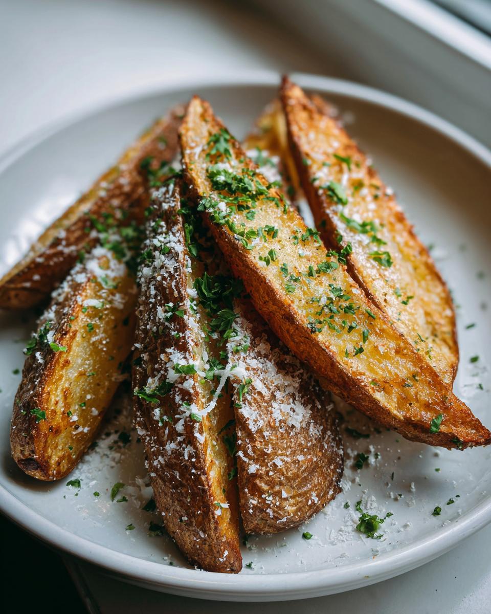 Close-up of four golden brown, crispy potato wedges seasoned with grated Parmesan cheese and fresh parsley.
