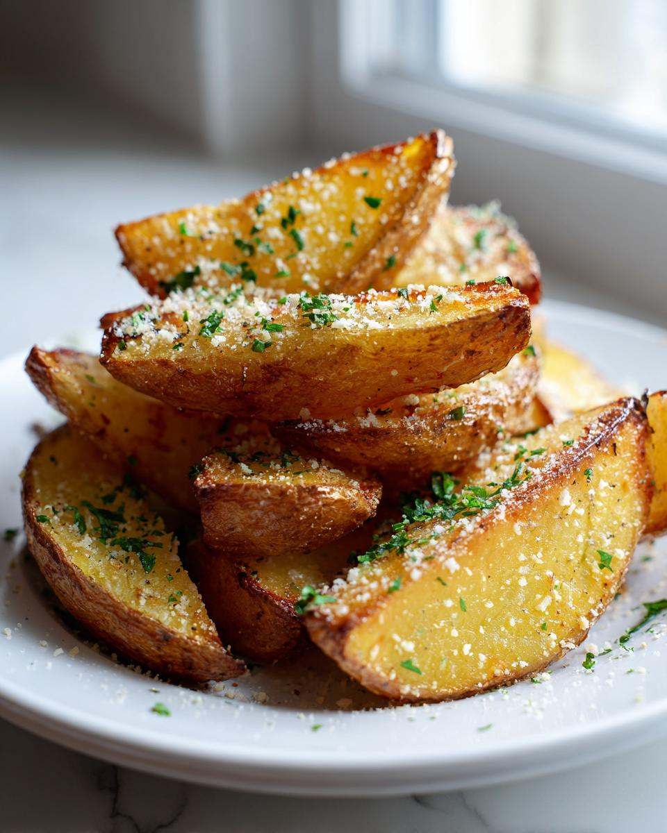 A stack of golden brown, crispy potato wedges seasoned with Parmesan cheese and parsley.
