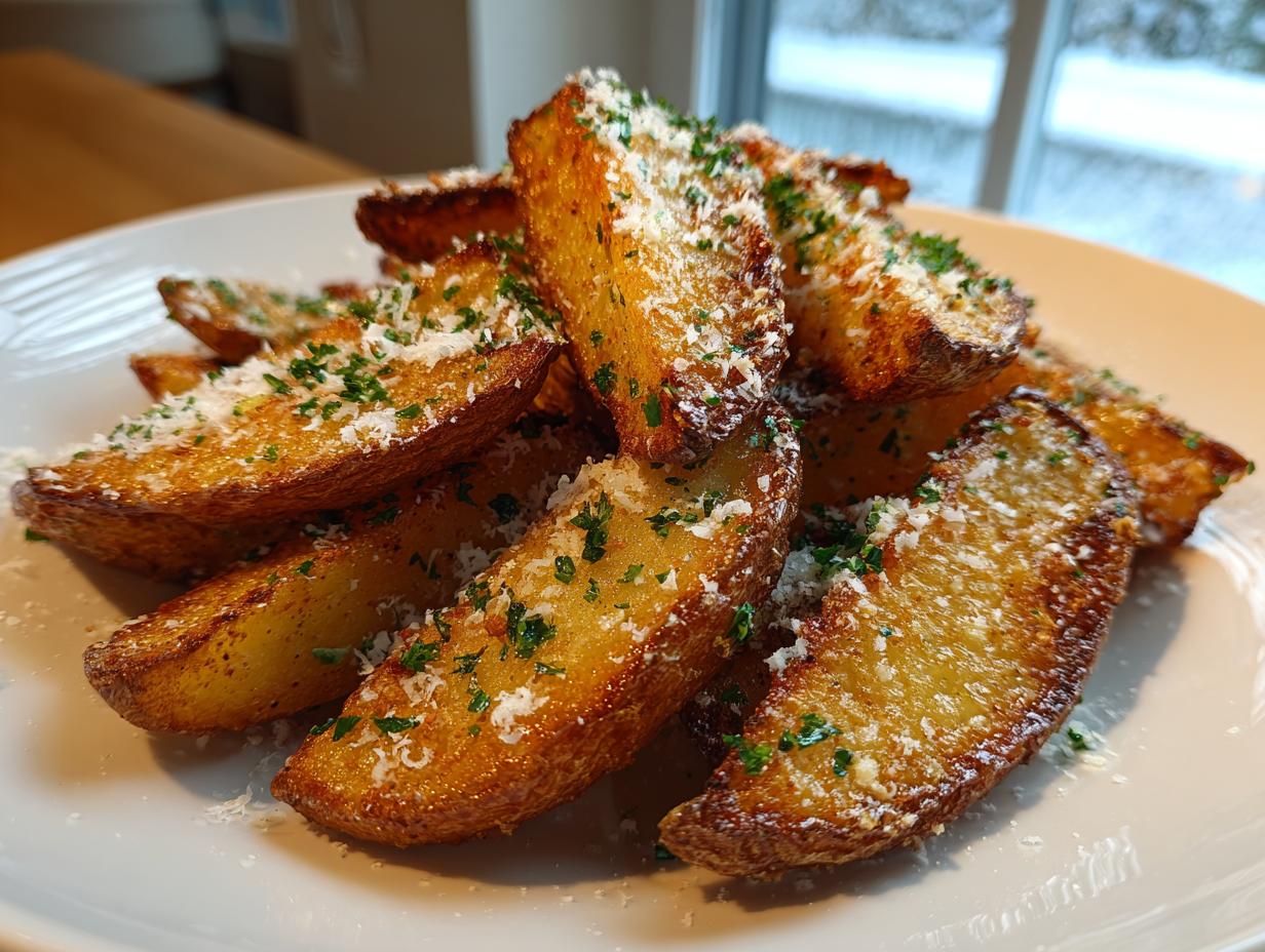 Close-up of golden brown, crispy potato wedges topped with grated Parmesan cheese and parsley.