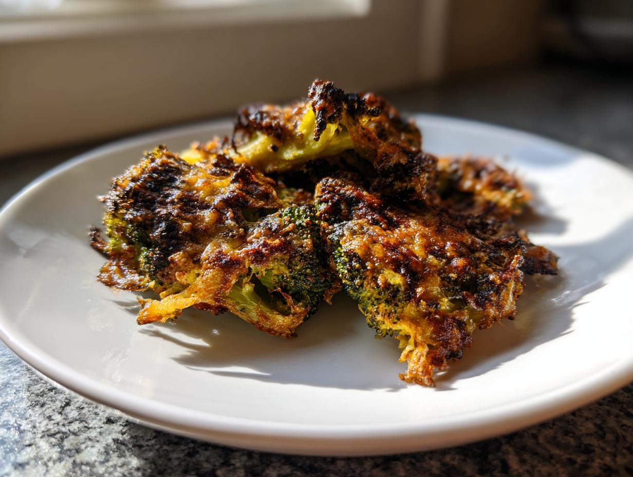 Close-up of perfectly crispy and browned smashed broccoli served on a white plate, highlighting the texture.