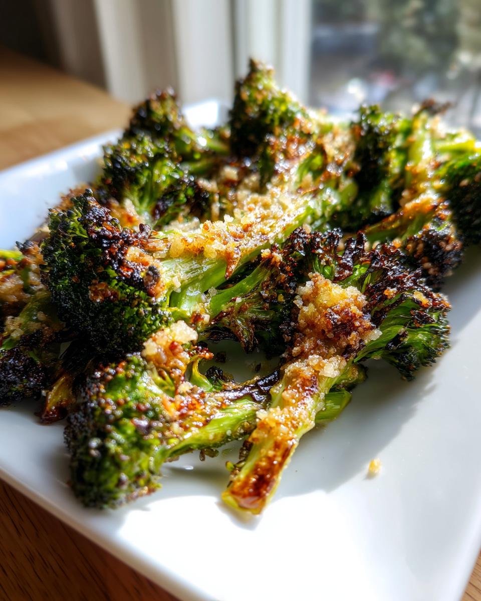 Close-up of perfectly roasted, slightly charred smashed broccoli florets topped with golden breadcrumbs.