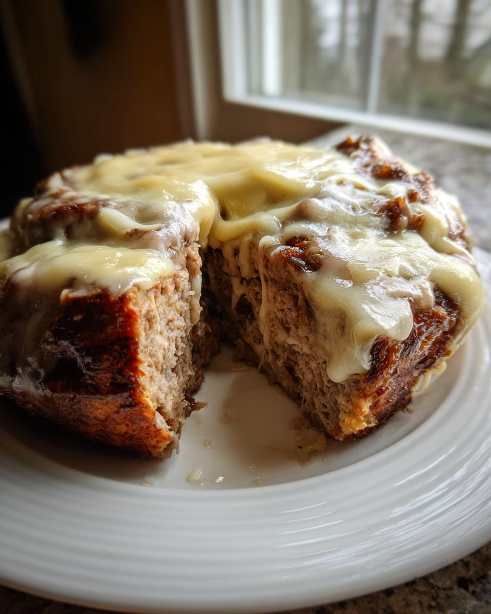 A round crockpot French onion meatloaf with a slice removed, topped with melted Swiss cheese.