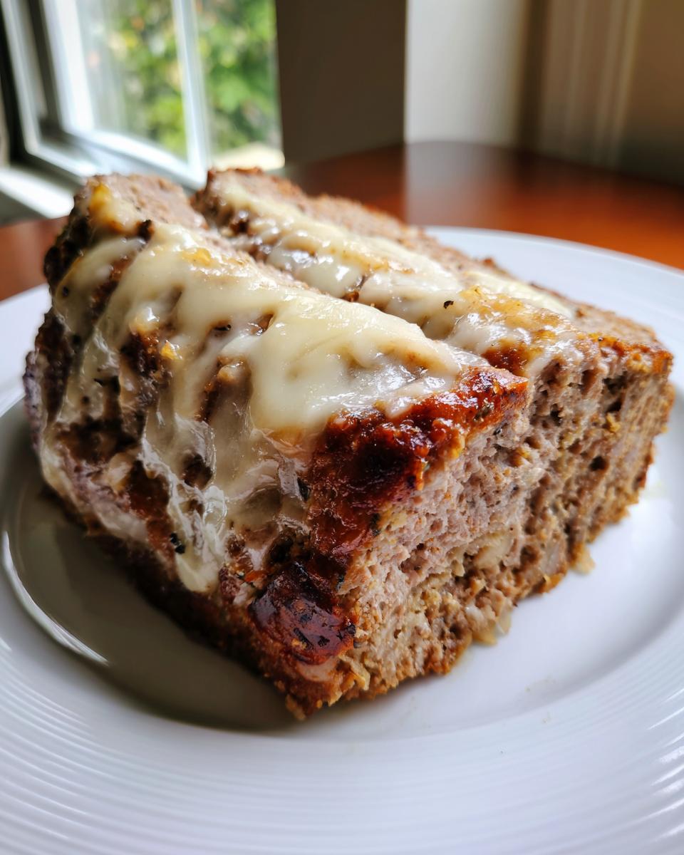 Close-up of a juicy slice of crockpot French onion meatloaf topped with melted white cheese on a white plate.