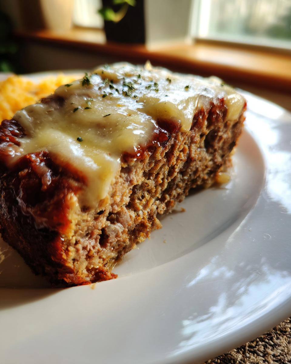 Close-up of a juicy slice of crockpot French onion meatloaf topped with melted Swiss cheese and parsley.