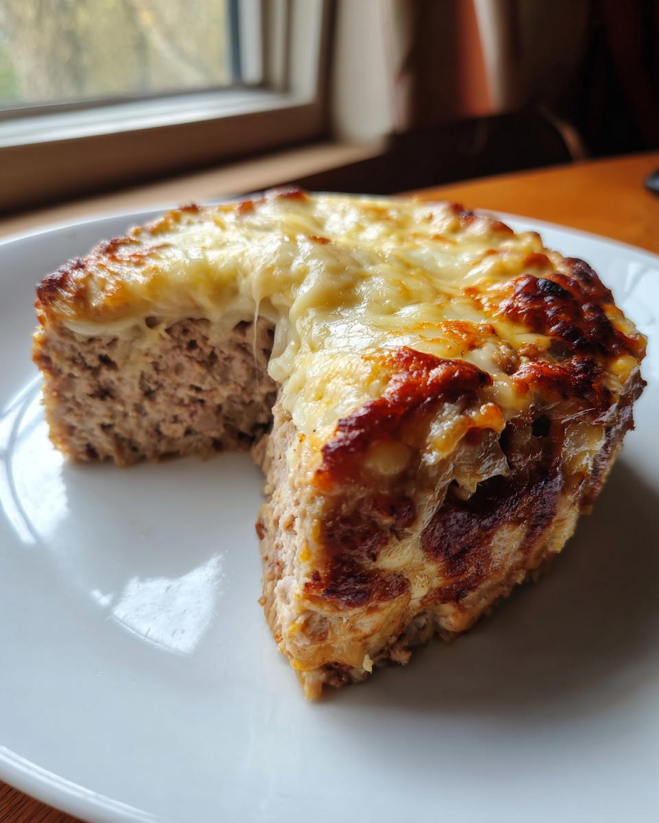 A thick slice of moist crockpot French onion meatloaf topped with melted, browned cheese.