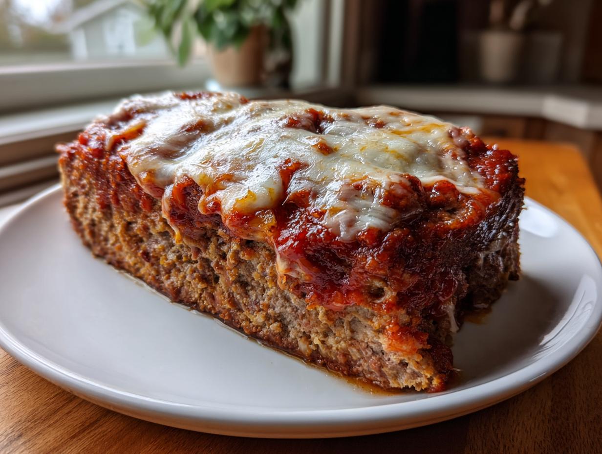 A thick slice of moist crockpot French onion meatloaf topped with rich tomato sauce and melted mozzarella cheese on a white plate.