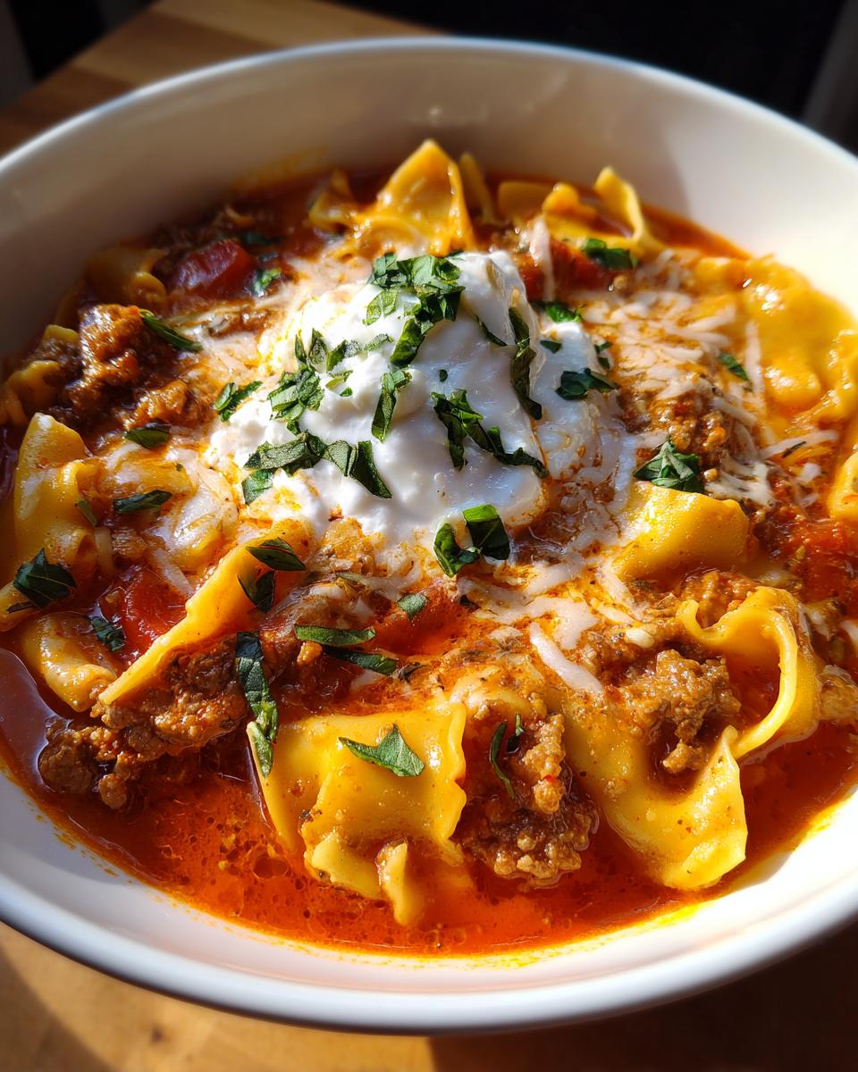 Close-up of a bowl of rich crockpot lasagna soup topped with ricotta cheese and fresh parsley.