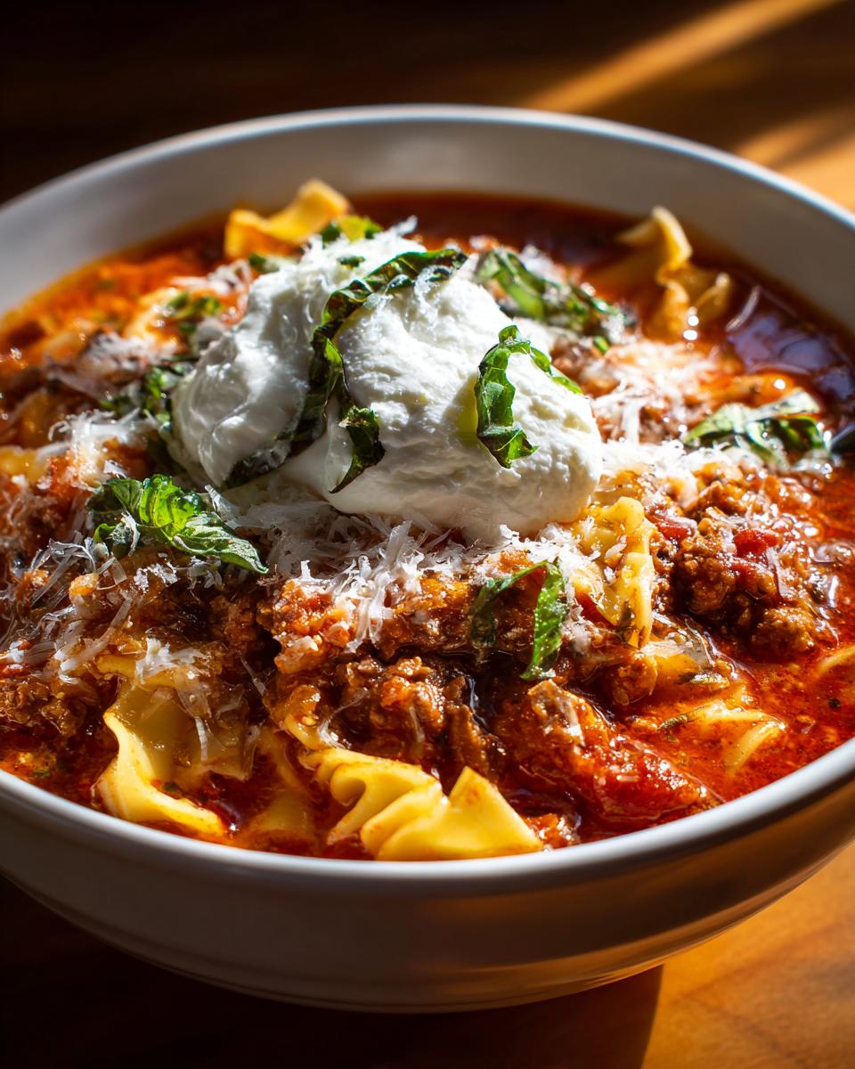 Close-up of a bowl of rich crockpot lasagna soup topped with a dollop of ricotta, parmesan, and basil.