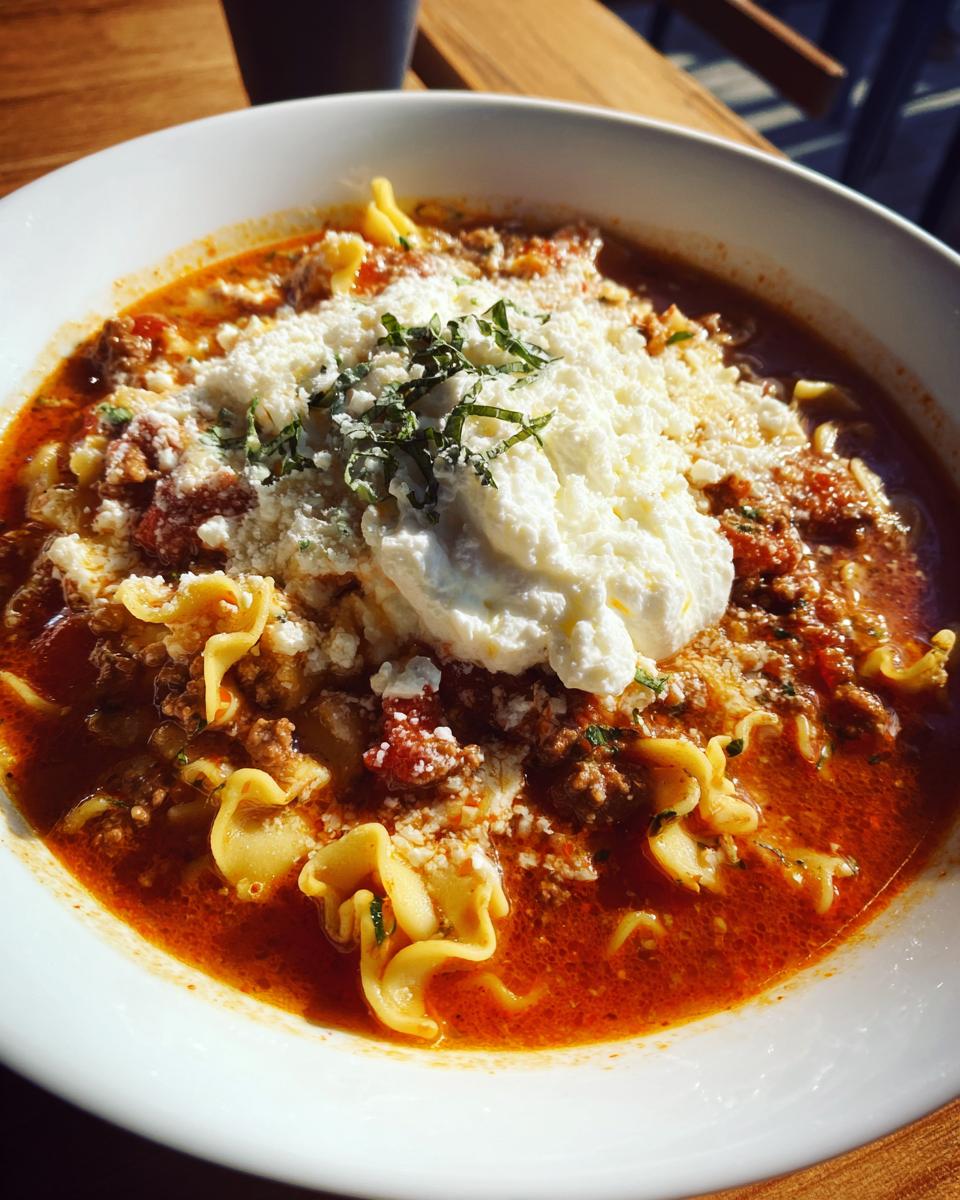Close-up of a bowl of crockpot lasagna soup topped with ricotta, parmesan, and basil.