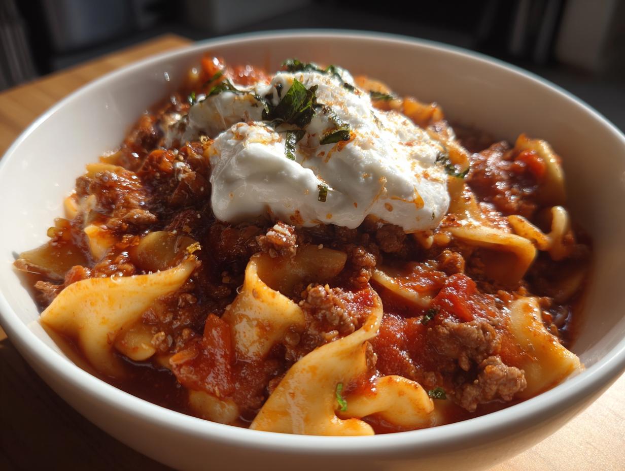 Close-up of a white bowl filled with rich crockpot lasagna soup, featuring pasta, meat sauce, and a dollop of ricotta cheese.