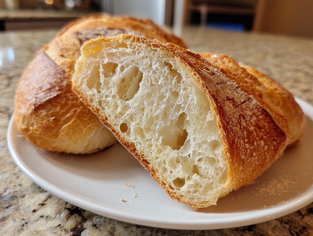 A slice of freshly baked french bread showing a beautiful, airy, open crumb structure and golden crust.