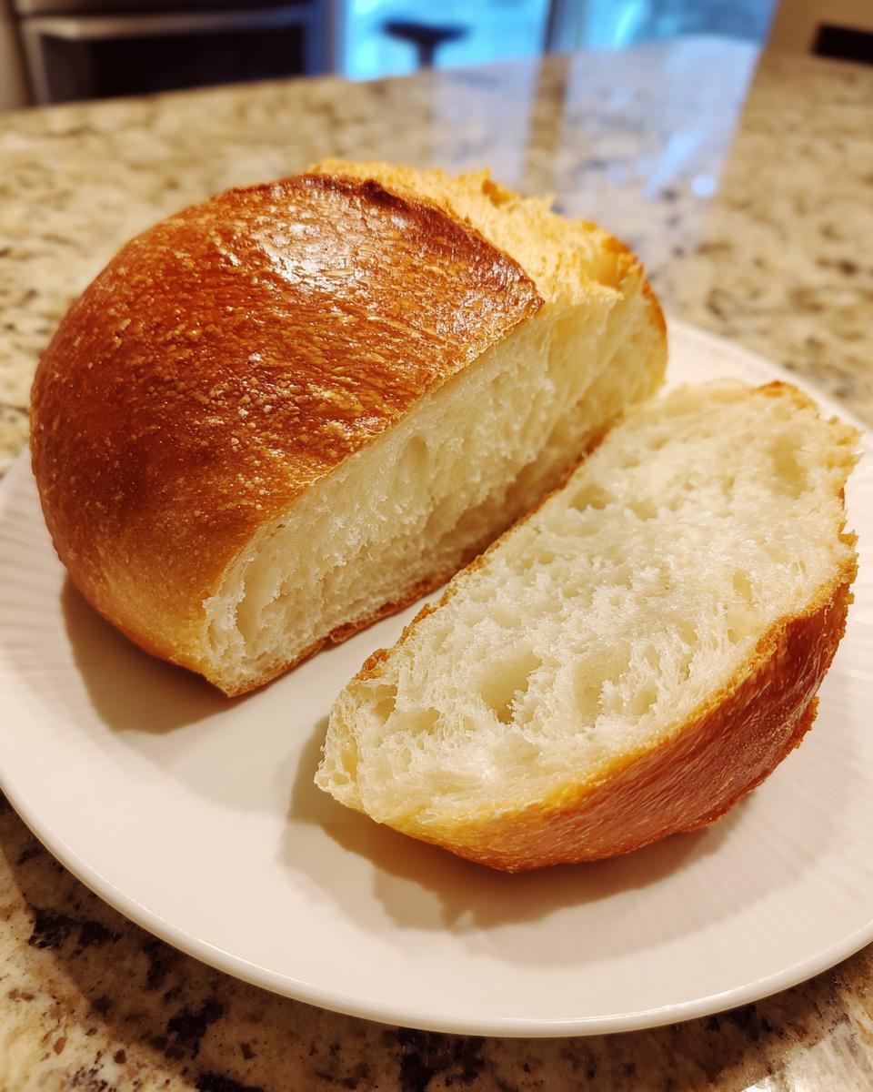 A golden-crusted loaf of homemade french bread cut in half, showing the soft, airy interior crumb.