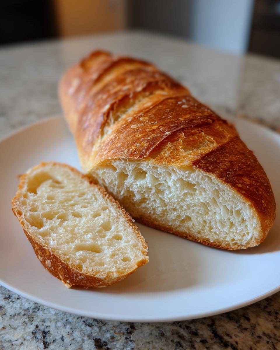 A golden-crusted french bread loaf, sliced open to show the airy, open crumb texture.