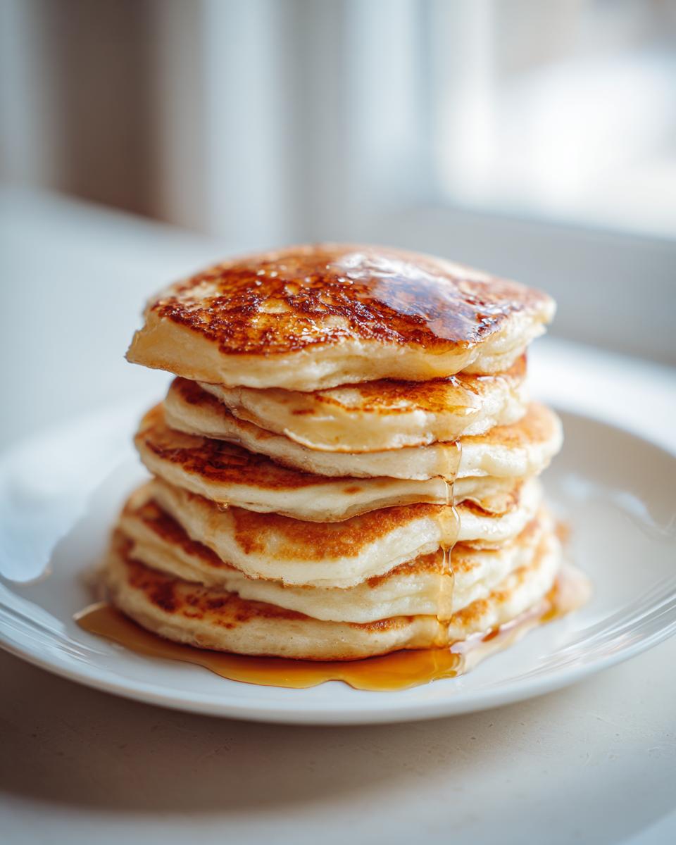 Close-up of a tall stack of fluffy discard pancakes drizzled generously with golden syrup.