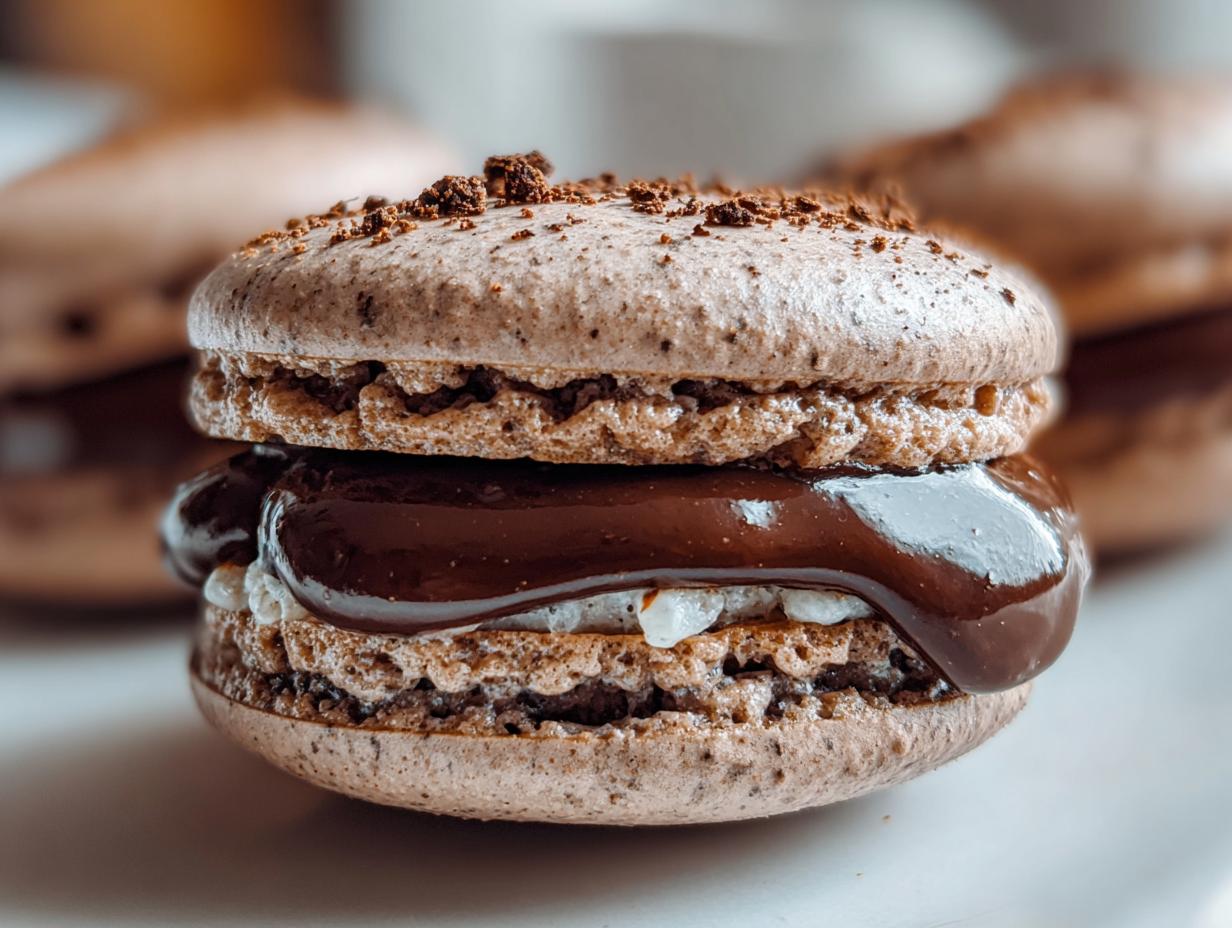 Extreme close-up of a perfectly baked chocolate macaron filled with rich, glossy chocolate ganache.