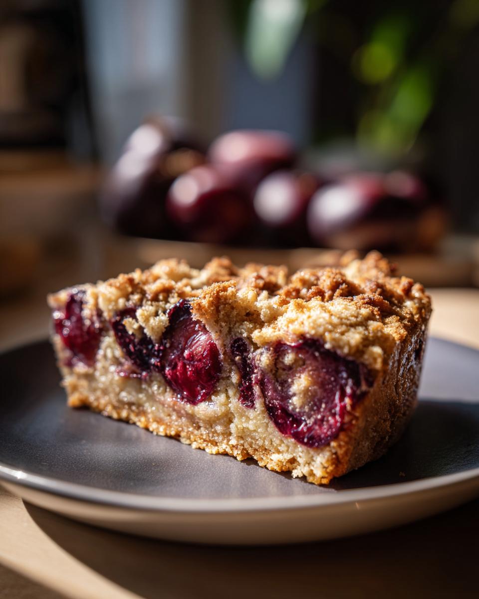 Close-up of a moist slice of plum cake with visible baked plum halves and a golden crumb topping.