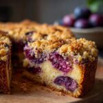 Close-up of a moist plum cake slice showing baked plums and a golden crumb topping.