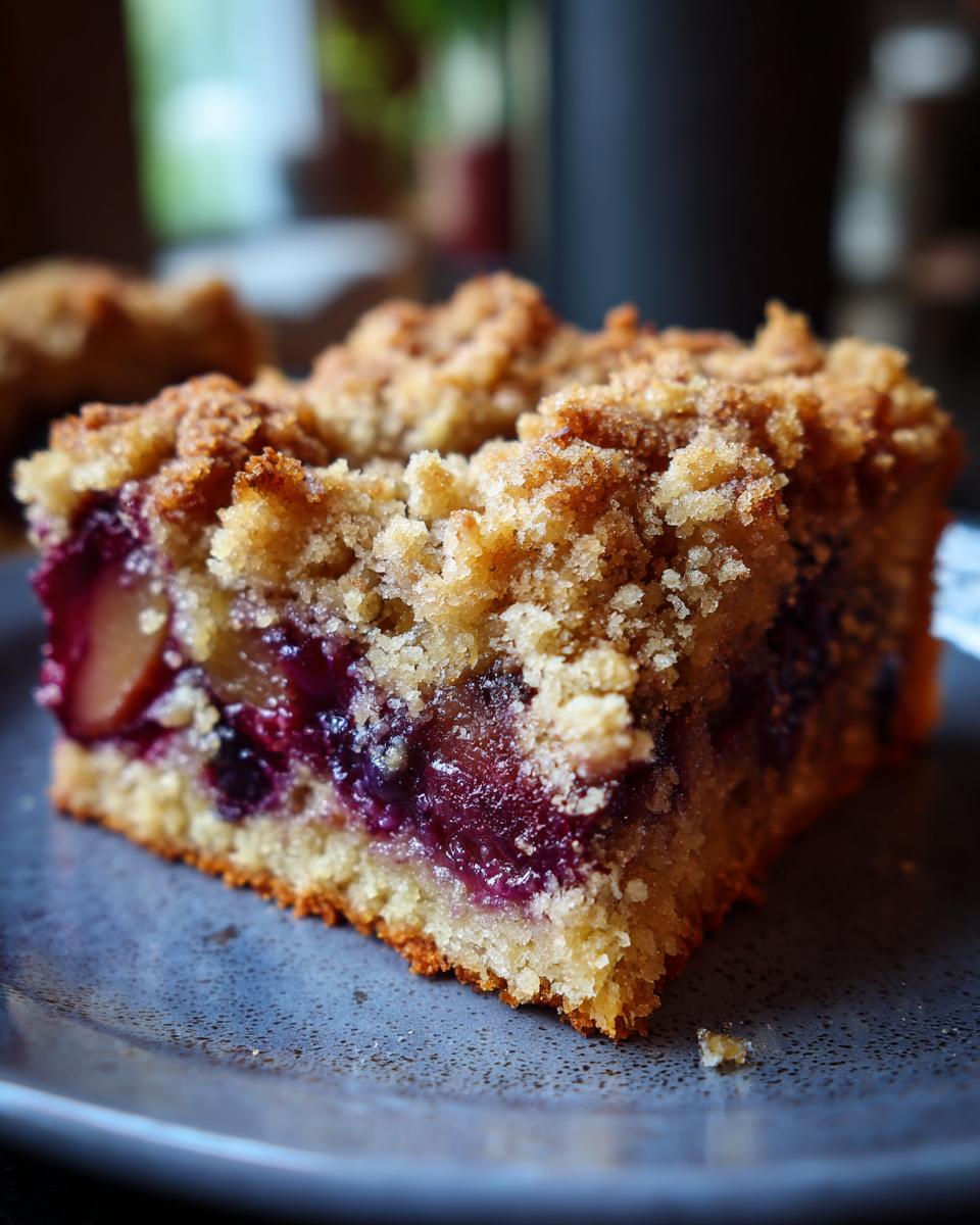 Close-up of a moist slice of plum cake featuring a rich purple plum layer and a golden crumb topping.