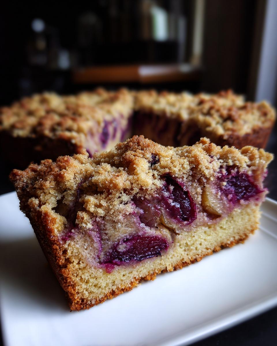 A close-up slice of moist plum cake featuring rich purple fruit baked into a yellow cake base and topped with a buttery crumble.