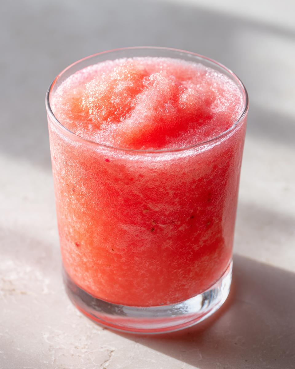 Close-up of a frosty, bright red strawberry daiquiri served in a clear glass on a light surface.