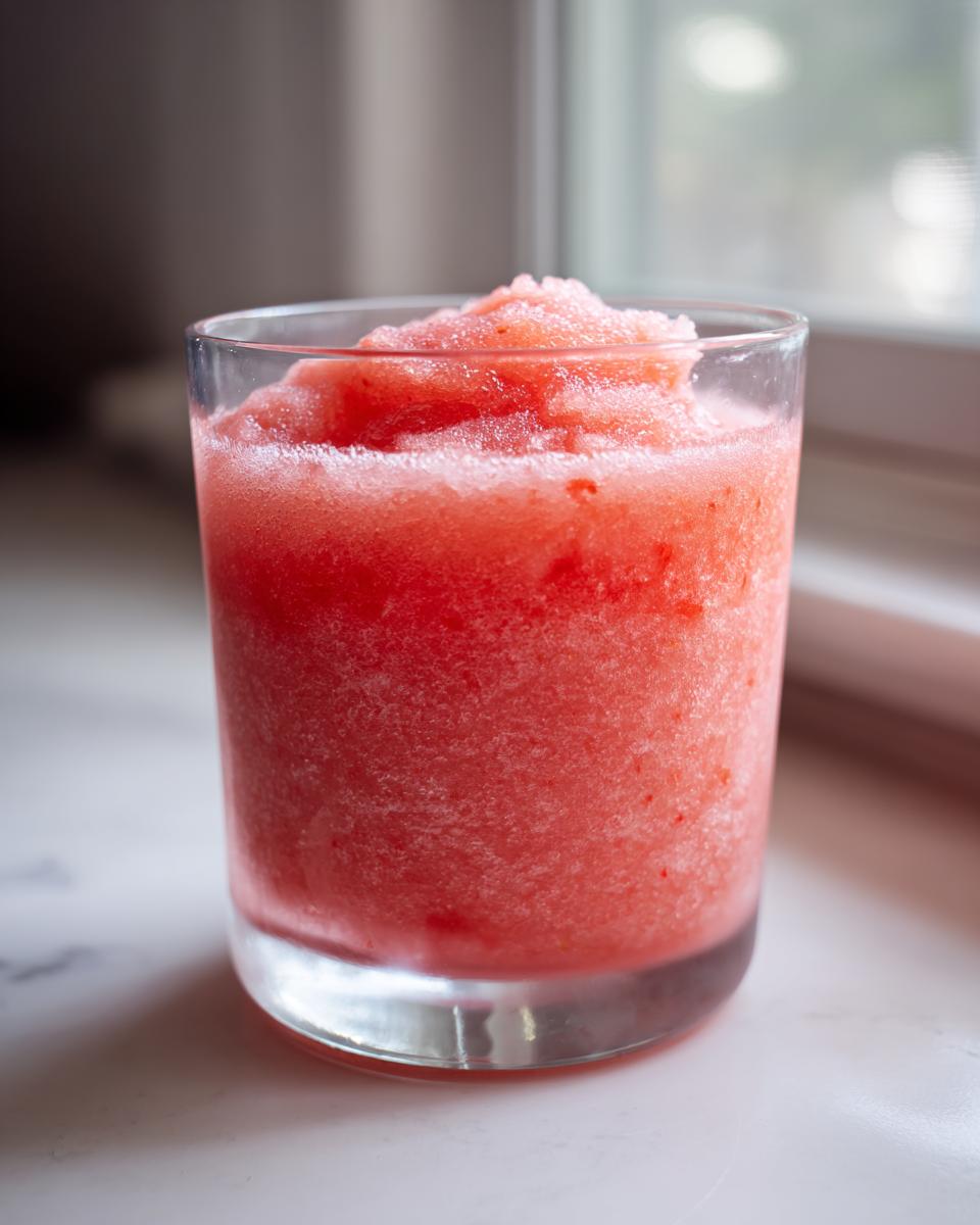Close-up of a frosty, bright red strawberry daiquiri served in a clear glass.