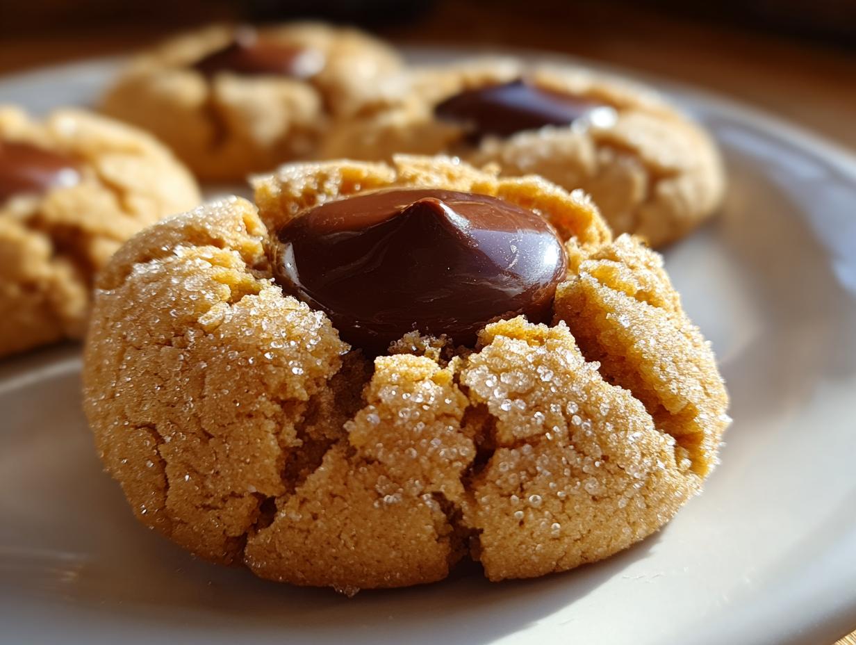 A close-up, featured image of a glistening, sugar-coated peanut butter blossom cookie with a dollop of melted chocolate.