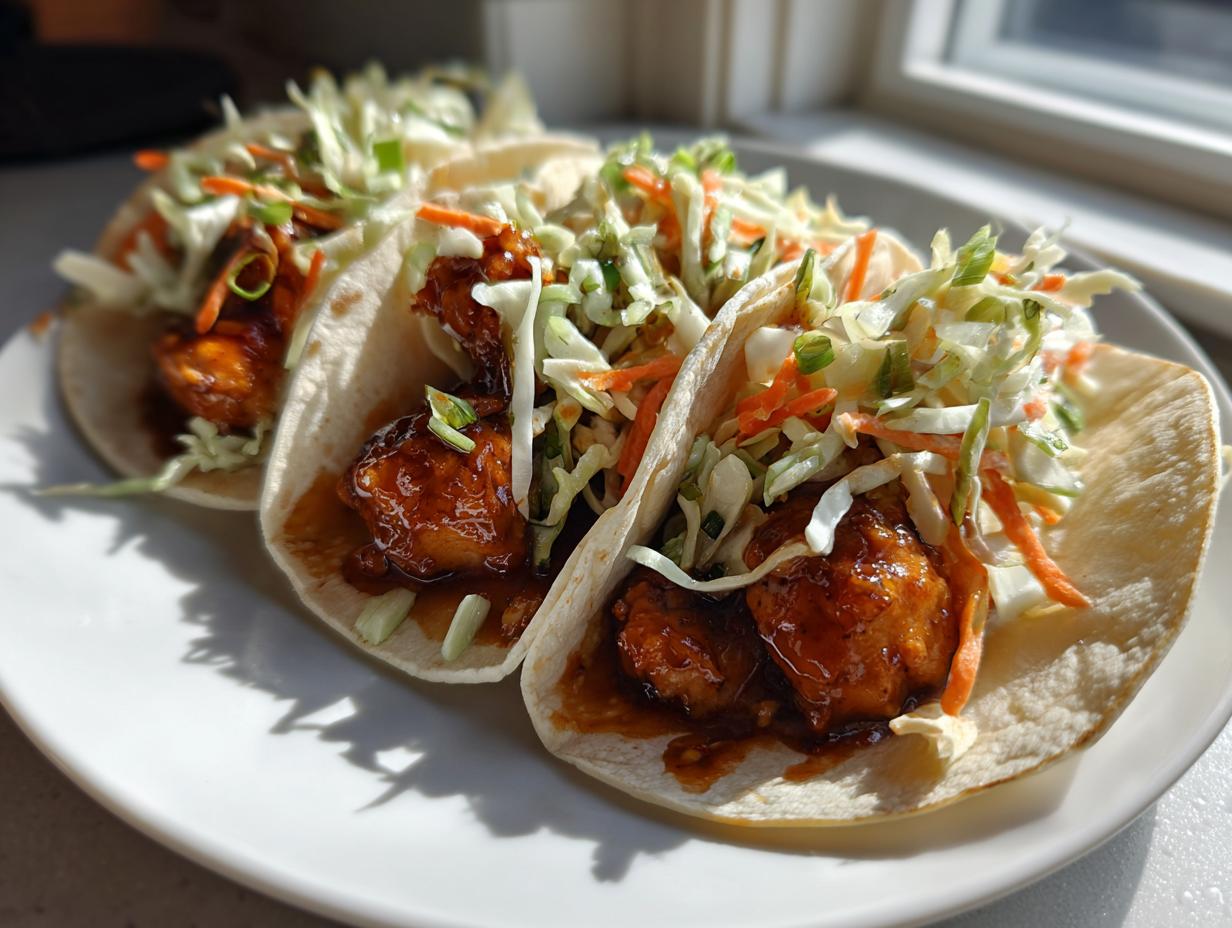 Close-up of three soft tortilla salmon tacos filled with glazed salmon bites and topped with crunchy coleslaw.