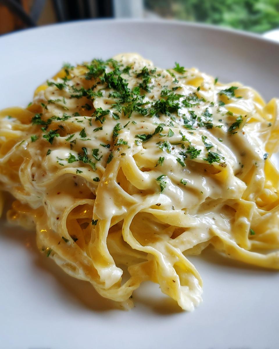 Close-up of fettuccine pasta generously coated in creamy olive garden alfredo sauce and topped with parsley.