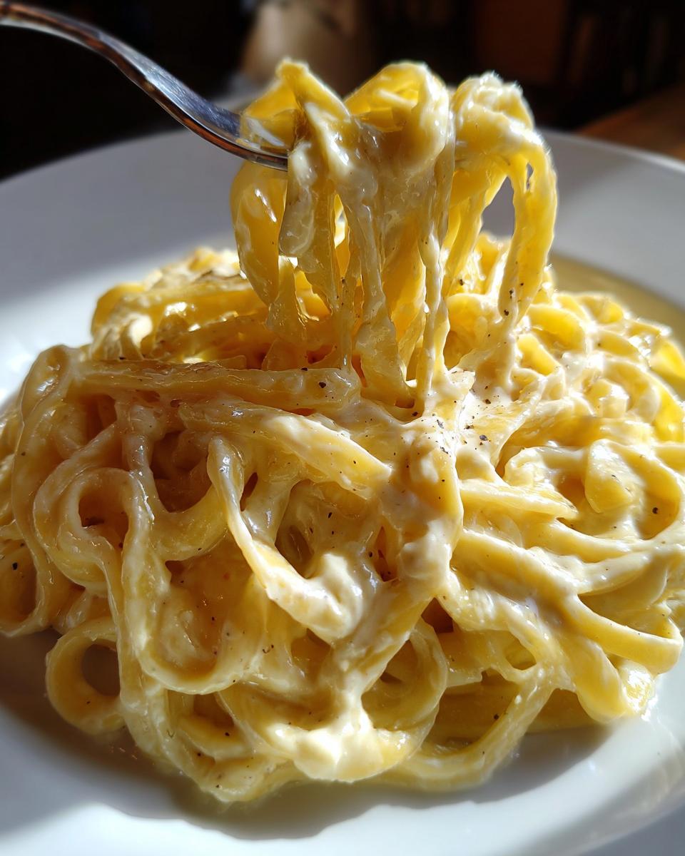 Close-up of fettuccine pasta being lifted by a fork, heavily coated in creamy Olive Garden Alfredo Sauce and black pepper.