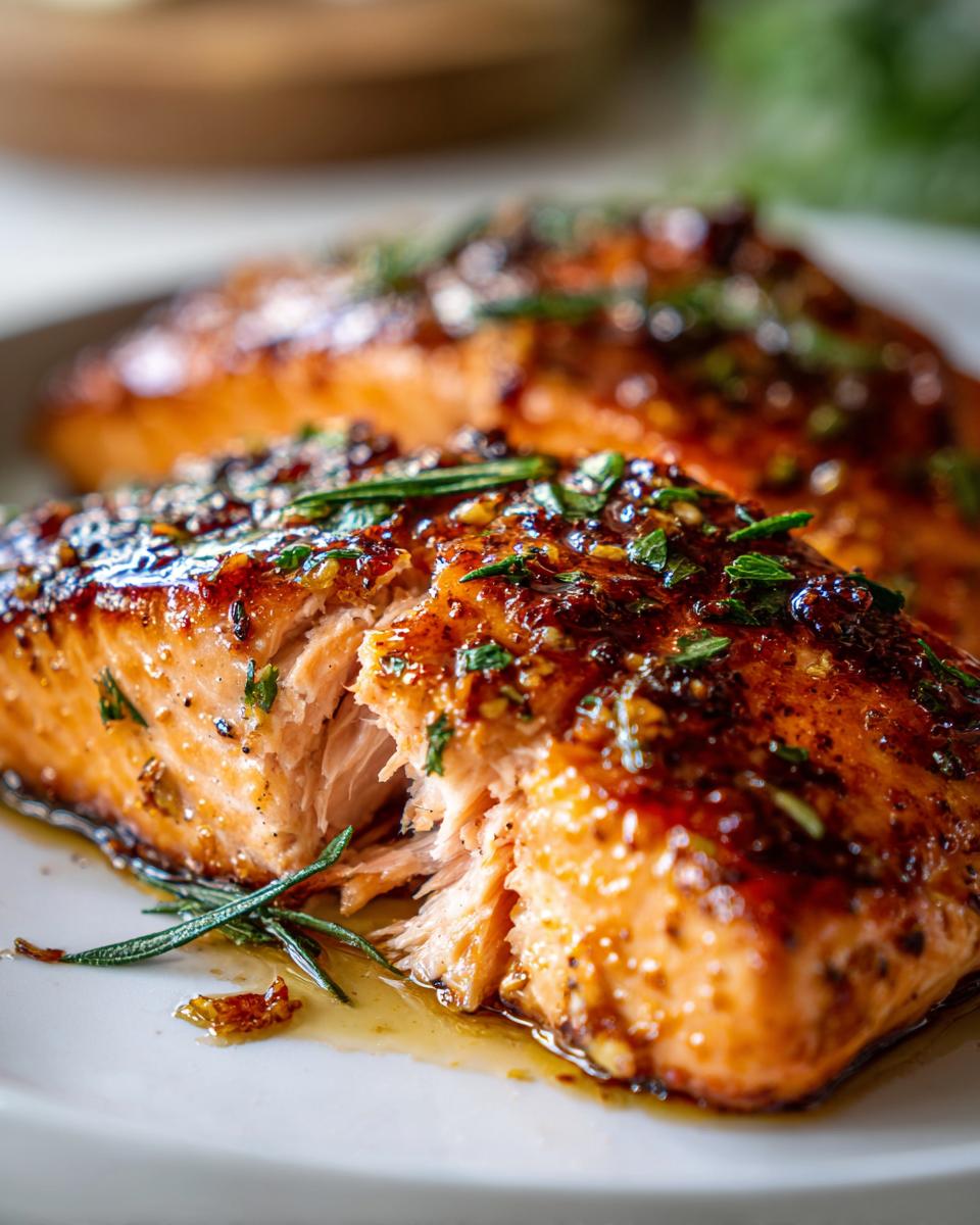 Close-up of flaky, glazed air fryer salmon topped with herbs, showing the moist interior.