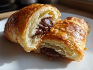 Close-up of a flaky, golden-brown chocolate croissant cut in half revealing melted chocolate filling.
