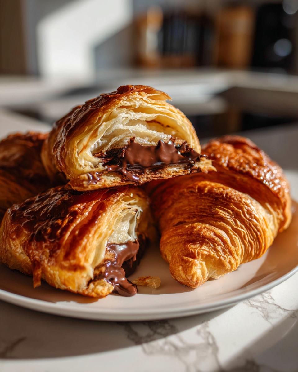 Close-up of a flaky, golden brown chocolate croissant cut open to show melted chocolate filling.