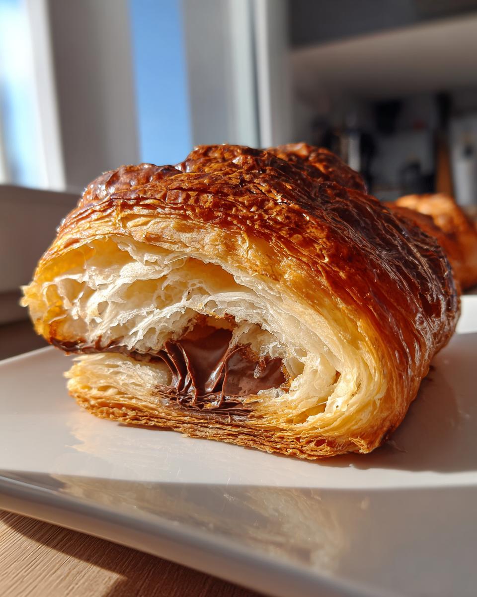 Close-up of a flaky, golden-brown chocolate croissant cut open to show melted chocolate inside.