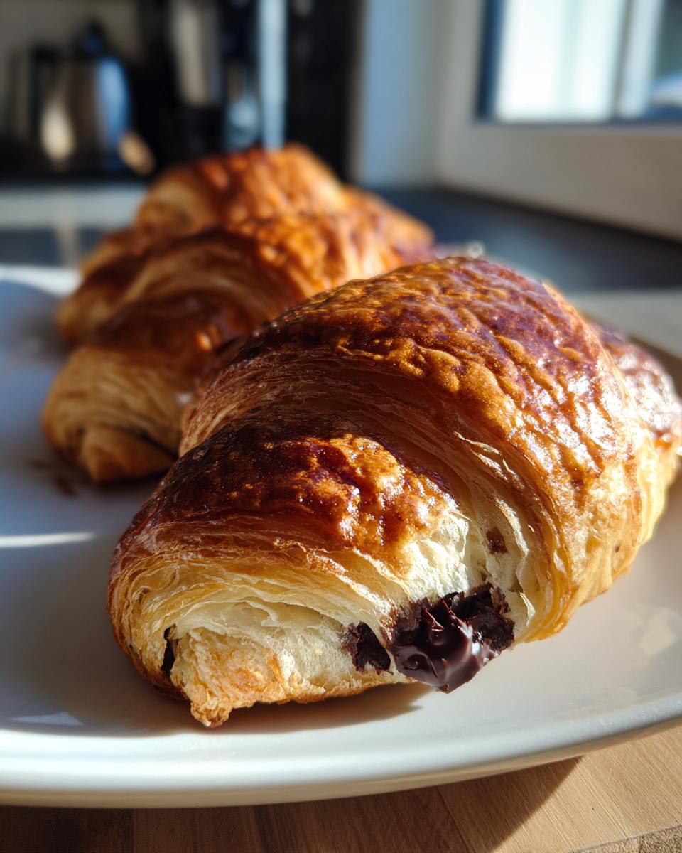 Close-up of a golden brown, flaky chocolate croissant with melted dark chocolate visible inside, sitting on a white plate.