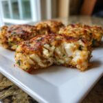 A close-up view of a perfectly cooked maryland crab cake, showing large chunks of white crab meat inside.