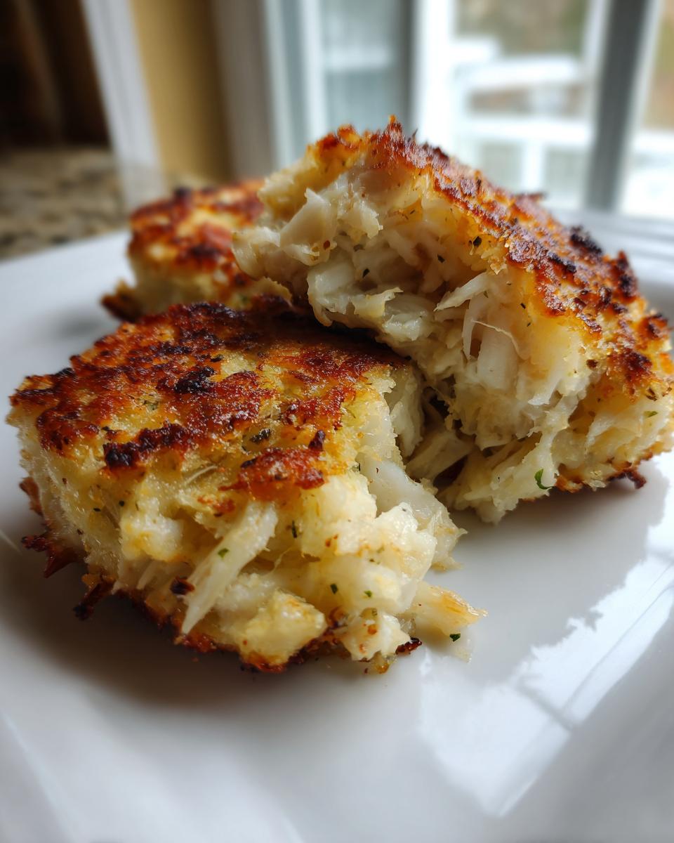 Close-up of a perfectly seared maryland crab cake broken in half, showing the flaky white crab meat inside.
