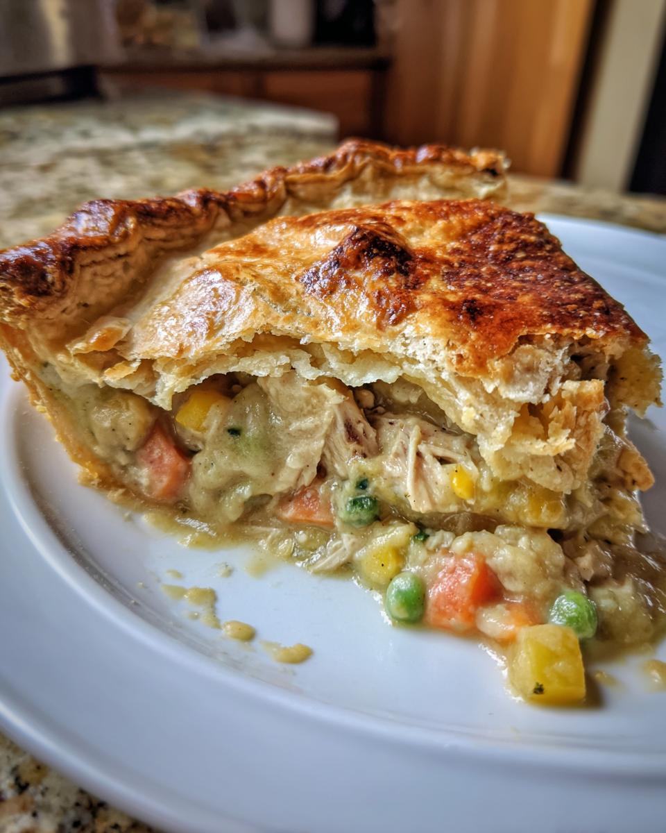 A close-up of a slice of golden-crusted turkey pot pie showing creamy filling, shredded turkey, carrots, and peas.