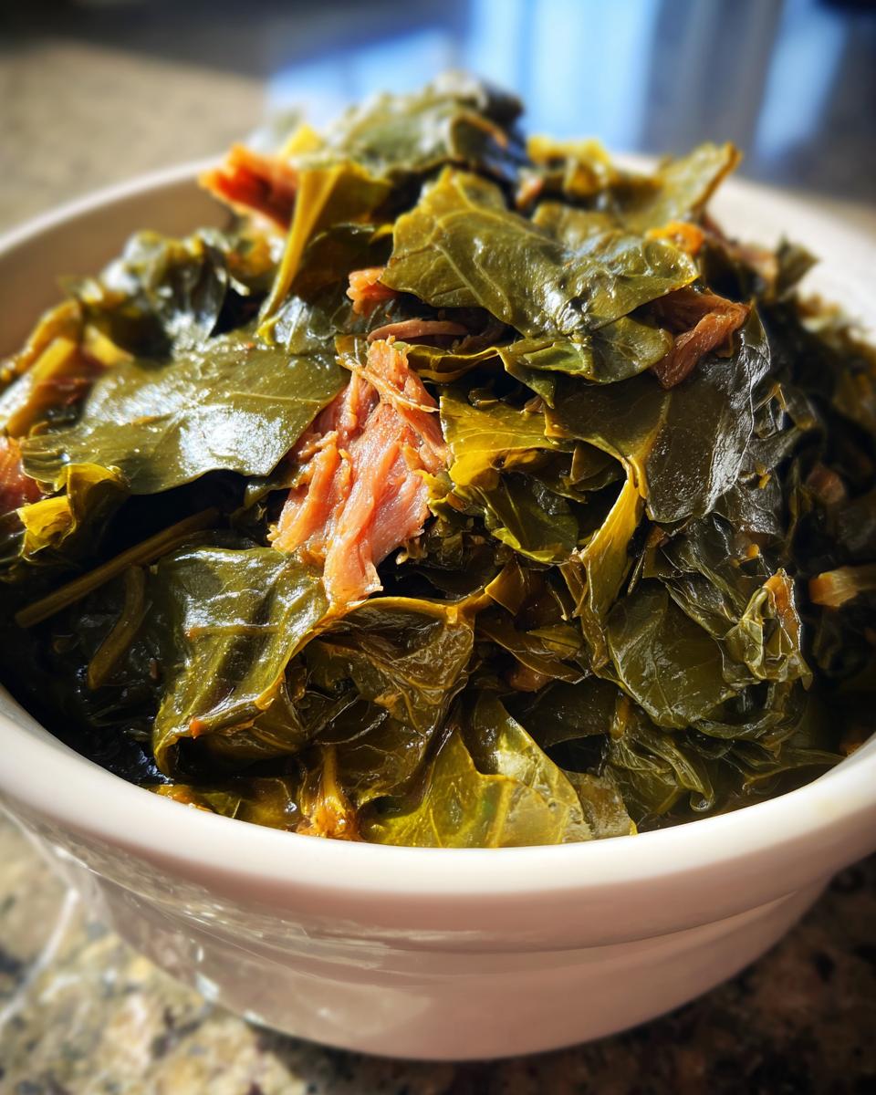 Close-up of tender, braised collard greens mixed with shredded smoked meat served in a white bowl.