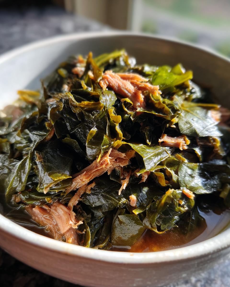 Close-up of tender, dark green collard greens stewed with savory shredded meat in a light-colored bowl.